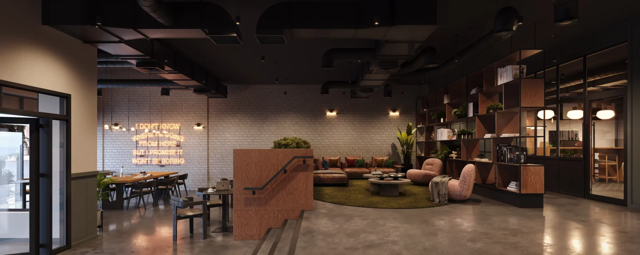 Spencer Block lobby lounge and study space with comfortable seating and work areas
